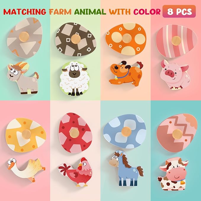 Wooden Puzzles for Toddlers, 8 Pcs Farm Animal Matching Egg Puzzle, Montessori Toys for Boy Girl Easter Birthday Gifts, Preschool Learning Activities & Educational Toys for Boys, Girls