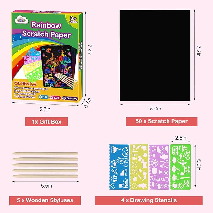 ZMLM Scratch Paper Art Set: 60Pcs Magic Drawing Art Craft Kid Mother Gifts Scratch Paper Supply Toddler Preschool Learning Toy for Age 3 4 5 6 7 8 Girl Boy Birthday Activities Toys