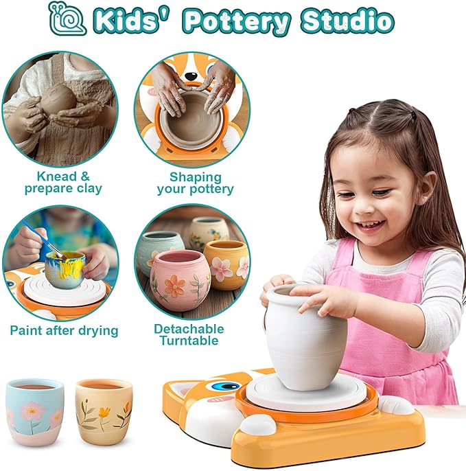 Kids Pottery Wheel Kit - Mini Pottery DIY Kit & Tools for Beginners with Clay and Sculpting Tools, Complete Painting Kit Supplies Arts and Crafts Toys Gifts for Kids 4-6 6-8 8-12 Year Old Boys Girls