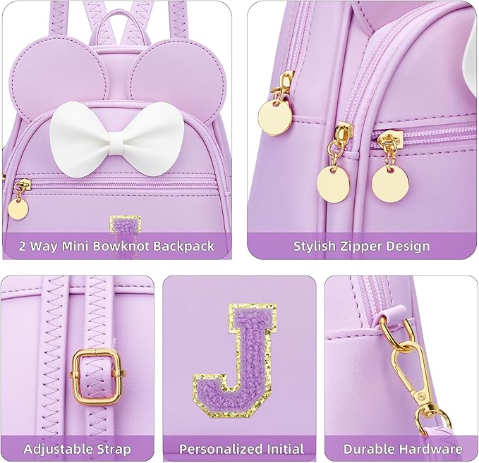 KKXIU Girls Initial Bowknot Cute Mini Backpack for Toddler, Travel Small Girl Backpacks, Personalized Trendy Stuff Gift for Little Girls and Kids(J, Purple)