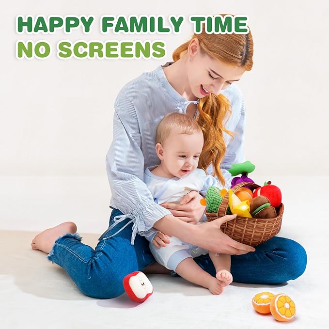 Jollybaby Plush Stuffed Cloth Fruit Food Toy Set for Toddler 1-3, Soft Fruit Basket Montessori Sensory Toy for 1 Year Old, Felt Pretend Fake Food Toy for Baby 0-6-12 Month, Newborn