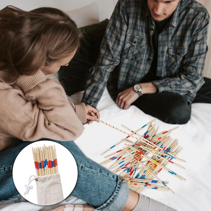 Bamboo Pick Up Sticks Game with 1 Cloth Bag, 41PCS 12 Inch Long, Fun Family Board Game for Adults and Kids
