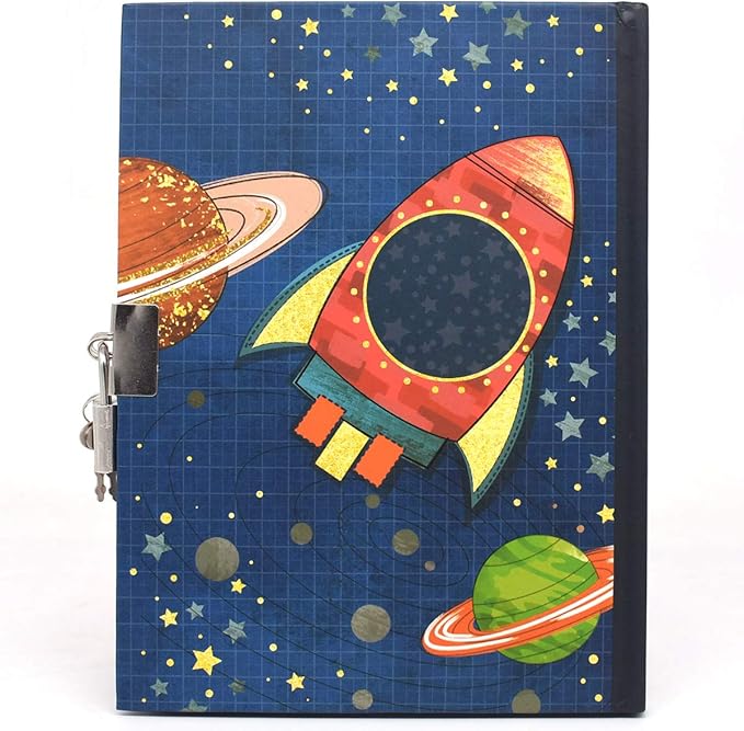 GINMLYDA Boys Diary with Lock for Kids, Spacecraft Diaries 7.1x5.3 inches 160 Pages Cute Boy Journal Secret Notebook with Lock and Key for Little Kid Writing Drawing Gift for Pre school Age 6,8,12