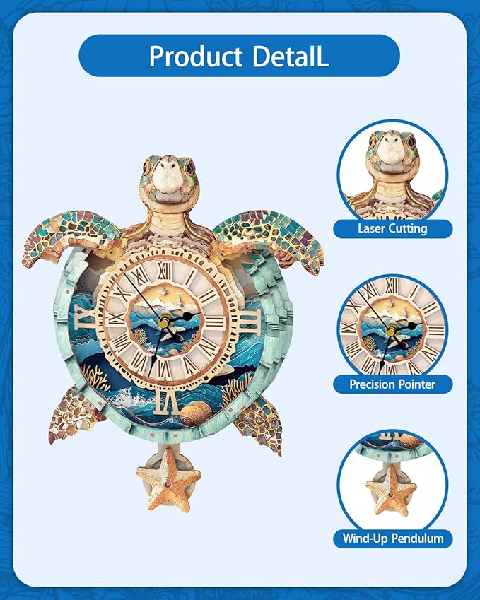 Rnfinewow 3D Puzzles for Adults, 3D Puzzle Sea Turtle Clock Kit (with Pendulum), Wooden Puzzles for Adults Home Wall Decor Clock Christmas Day Puzzle Gifts for Women Men