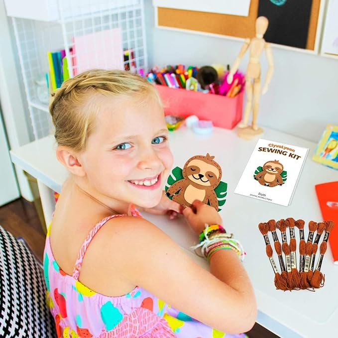 CiyvoLyeen Sloth Sewing Craft Kit Jungle Animal DIY Craft Sewing Kit for Girls and Boys Educational Sewing Kits for Kids Age 8 9 10 11 12 Craft Kit Includes 8 Projects