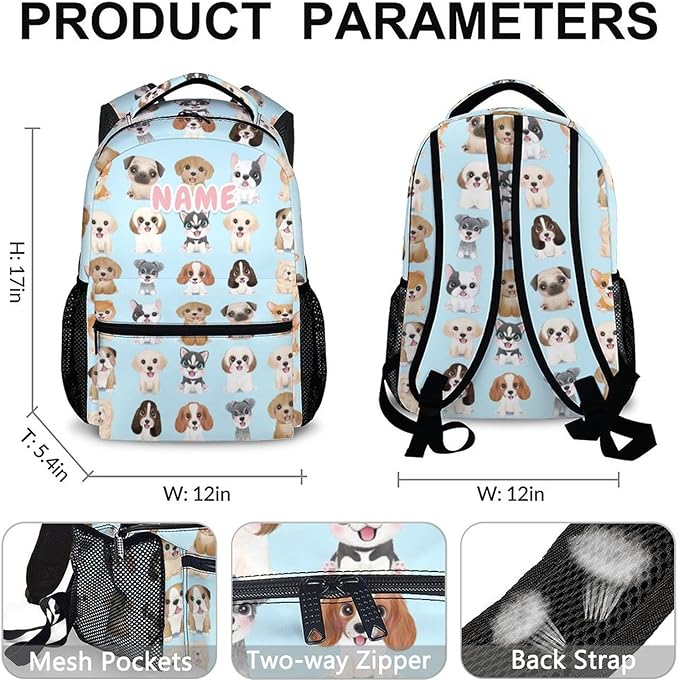 Custom Dog Backpacks for Kids, Large Capacity Backpack for School, Cute Blue Doggy Print Lightweight Bookbag for Boys & Girls