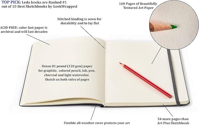 Large Sketchbook 160 Pages Softbound Cover Sketchbook for Artists - Leather Drawing Notebook for All, Ideal for Ink, Water Color, Pen, Pencils | 7 x 10 inch Art Journal