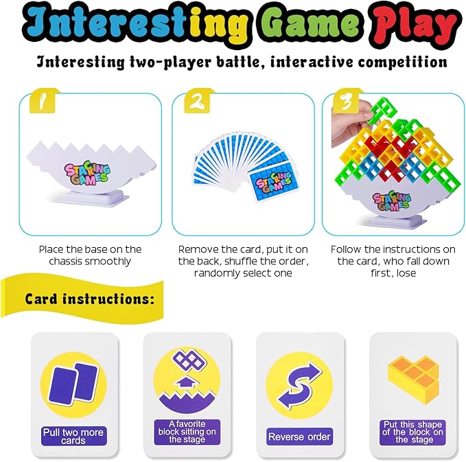 CERBONNY 48Pcs Tetra Tower Stacking Blocks Game, Board Games for Families, Parties, Travel and Team Building, Suitable for 1-4 Players Kids & Adults Toys