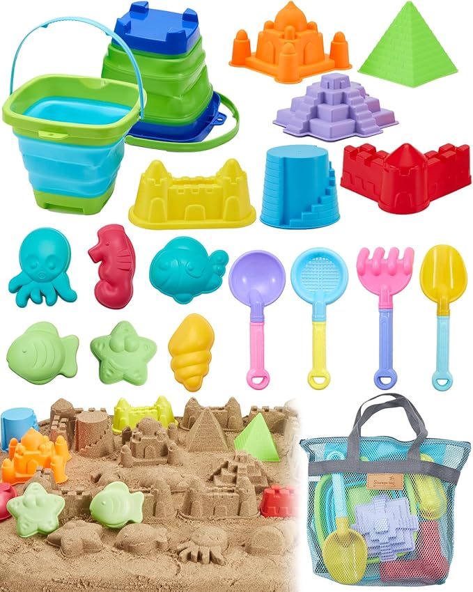 Beach Toys for Toddlers 1-3, Beach Toy Sand Toy for Kids Ages 4-8, 2 Collapsible Sand Bucket and Shovels, Mesh Bag, Sand Castle Animal Molds Sets, Travel Sandbox Toys for Toddlers Kids Age 3-10