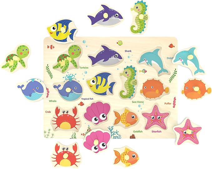 Wooden Peg Puzzle, Sea Creature Chunky Baby Puzzles, Colorful Wood Shape Puzzle Peg Board, Animal Knob Puzzles for Educational Toddlers 18 Months and Up, 11 Pieces