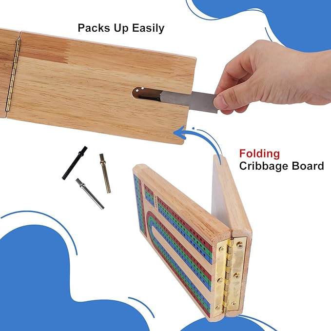 Wooden Folding Cribbage Board Game Set – Portable Travel Board with 3 Tracks, Large Storage, 9 Metal Pegs & 2 Cards – Classic Table Game for Adults, Kids & Family Night
