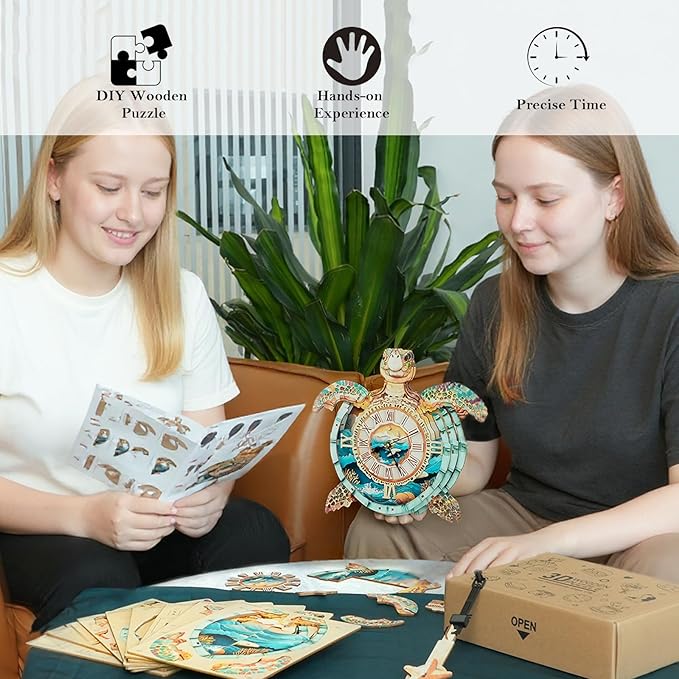 3D Puzzle for Adults Clock - Sea Turtle Clock Design Model Kit-Mechanical DIY Pendulum Clocks with Roman Numerals-Desk Home Office Decor Personalized Gift for DIY Lovers