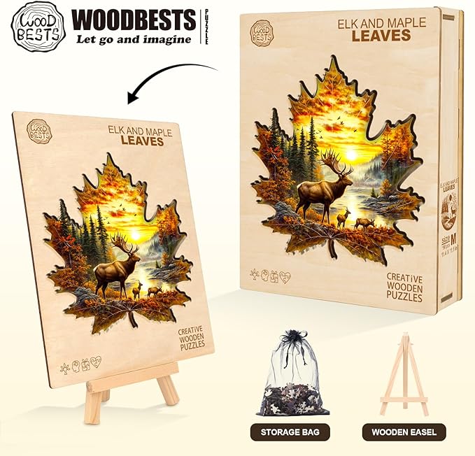 WOODBESTS Wooden Puzzles for Adults-Elk & Maple Leaves, 100 Pieces Wood Puzzle (S-8.5 * 8.3in), Premium Art Shape Wooden Animal Jigsaw Puzzles, for Men/Women & Family Game Night