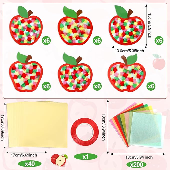 Qyeahkj 36 Set Fall Apple Suncatchers Crafts for Kids DIY Autumn Apple Window Tissue Paper Craft Kit Hanging Decor for Back to School Home Activity Art Project Birthday Party Favor Gift
