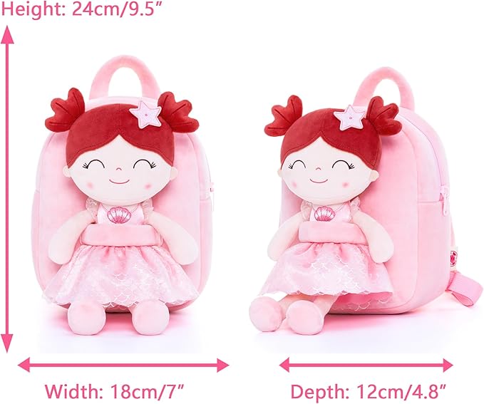 Gloveleya Back to School Gifts for Girls Toddler Backpack for Girls Kids Backpacks Soft Girl Toys Plush Baby Girl Gifts with Plush Princess Mermaid Qearl Doll Red 9"