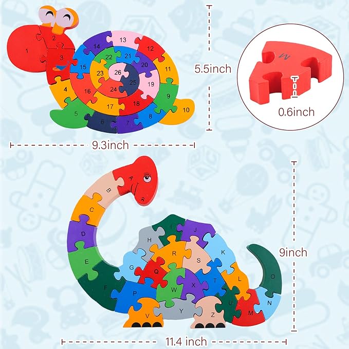 LovesTown Wooden Animal Puzzles for Toddlers, Alphabet Building Blocks for Kids, Preschool Letters and Numbers Learning Puzzle, 2 PCS