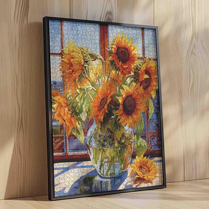 Sunflowers in Glass Vase Jigsaw Puzzle, Flowers 1000 Pieces Jigsaw Puzzles for Adults,27 x 20 Inches Puzzles for Families,HD Quality Abstract Floral Landscape Photo Puzzle Gift,Game Nights