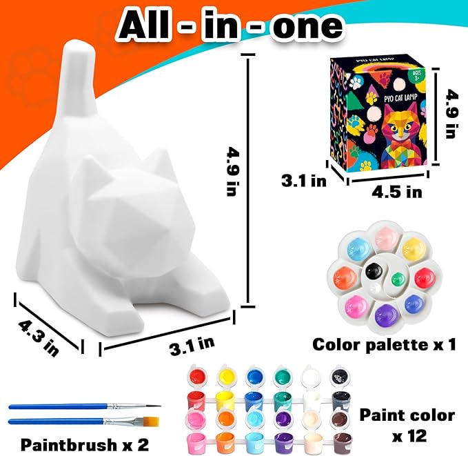 FUNZBO 4.3in Paint Your Own Cat Lamp Kit- Arts and Crafts Supplies Painting Set for Kids Teens, DIY Night Light Toy for Toddlers Girls Boys Age 3 4 5 6 7 8 9 10 11 12 13 +