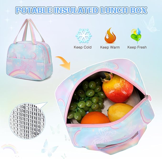 Backpack for Girls, Rainbow Butterfly Girls Backpacks with Lunch Bag Pencil Case Set, Kids Backpack Kindergarten Elementary Middle School Book Bag for Teen Girl Children Students