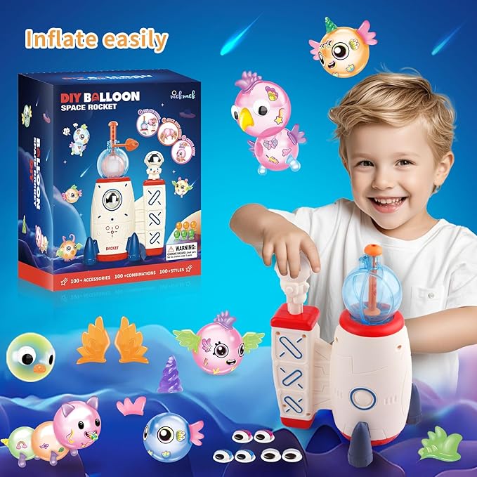 nicknack 195pcs Space Rocket DIY Balloons with Pump, DIY Sticky Balloon Maker Toy Craft Kits for Kids,Magic Balloon Kit with Bouncy Balloons Stickers Accessories, Toy Gift for Kids Boys Girls Ages 3+