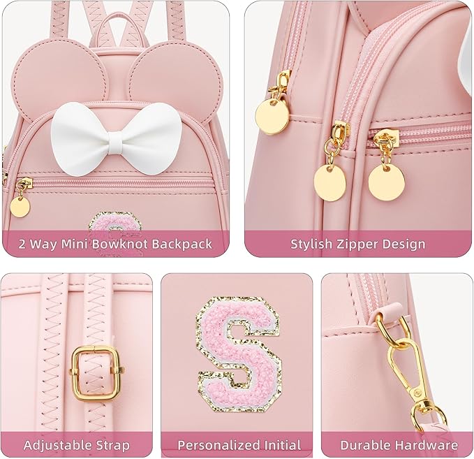 KKXIU Girls Initial Bowknot Cute Mini Backpack for Toddler, Travel Small Girl Backpacks, Personalized Trendy Stuff Gift for Little Girls and Kids(S, Pink)