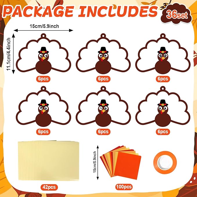 Qyeahkj 36 Set Thanksgiving Turkey Suncatchers Craft Crafts for Kids DIY Fall Window Tissue Paper Craft Kit Autumn Hanging Decor for Harvest School Home Activity Art Project Birthday Party Favor Gift