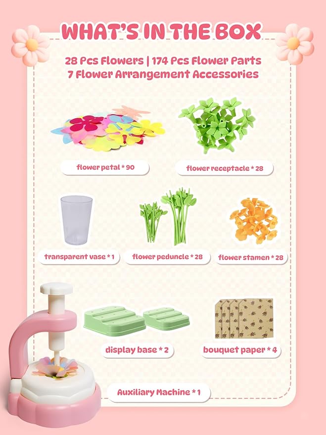 DIY Flower Bouquet Kit - Fabric Flower Bouquets Kids Toys for 3+ Years Old Girls, Birthday Preschool Kindergarten Pink Supplies Gift Set, Art Activities Presents with Wrapping Paper Display Base