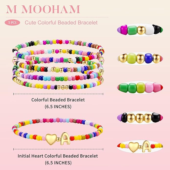 M MOOHAM 5PCS Colorful Beaded Initial Bracelets for Girls Women - Cute Stretch Heart Letter Beaded Bracelet Bohemian Initial Stackable Bracelet Birthday Gift Jewelry for Kids Teen Girl