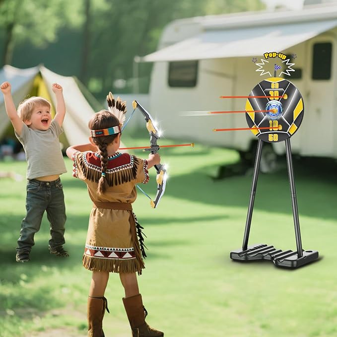 TIGTECGAME 2 Pack Bow and Arrow for Kids, LED Light Up Archery Set with 20 Suction Cup Arrows, 1 Standing Target with Flag Score, Indoor Outdoor Play Sport Toys Gifts for Kids, Boys & Girls Ages 3-12