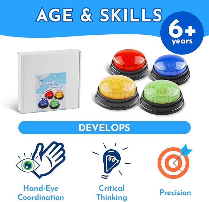 Buzzers for Trivia Games, Family Feud Buzzers for Adults, Game Buzzers with Lights and Sound, Answer Buzzers for Classroom, Perfect for Family Game and Trivia Nights
