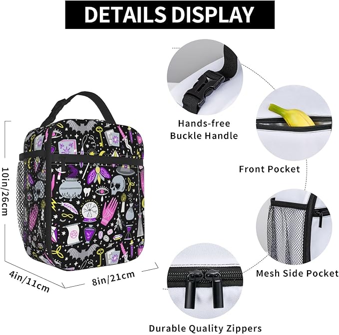Magic Goth Spooky Gray Purple Reusable Lunch Box Food Bag Insulated Lunch Bag for Teenage Boys Girls School Beach