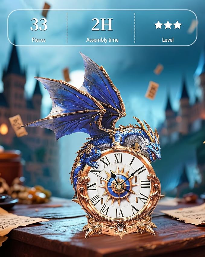 Rnfinewow 3D Wooden Puzzles for Adults, Wooden Puzzle for Adult Blue Dragon Wall Clock DIY Kit with Pendulum, Beginner 33 Pcs 3D Puzzles, Creative Gift Ideas for Adults Teens