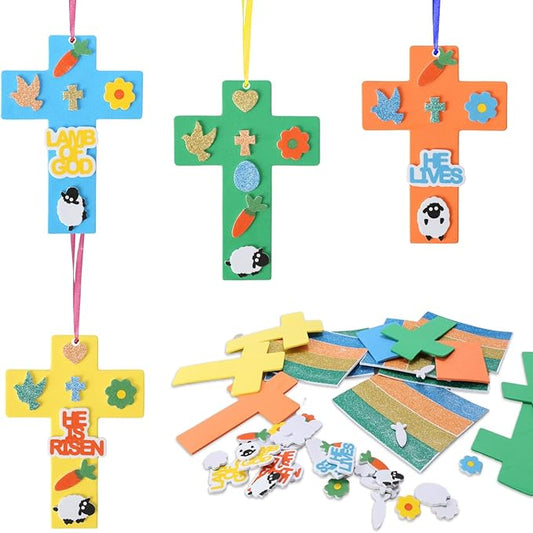 Fennoral 24 Pack Easter Cross Craft Kit for Kids Make You Own Cross Foam Stickers Ornament DIY Easter Arts and Crafts for Spring Party Supplies Easter Decoration