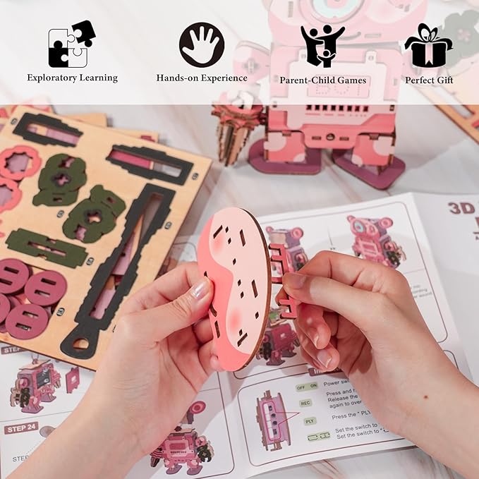 Kosmickiss 3D STEM Wooden Puzzles for Kids, 3D Wooden Models with Voice Recorder, Science STEM Building Kit Creative Craft Toys for Boys Girls Age 8-13 Years Education Birthday Gifts (Pink Robot)
