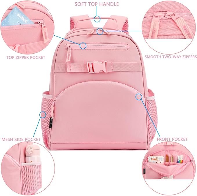 FlowFly Kids Backpack for Toddler Boys Girls, Simple Lightweight Bookbag for Daycare Kindergarten Elementary School Travel, Small Modern Bag (Medium 15''), Pink