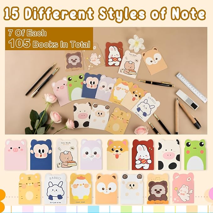105 Packs Mini Notebooks for Kids Pocket Notebooks Small Notebooks Bulk Cartoon Animals for Christmas Day Office Party Favors Classroom Prizes Gift