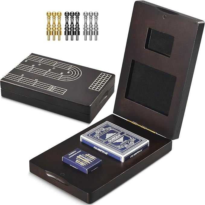 15.5'' Cribbage Board Game Set with Magnetic Lock, Folding Wooden Continuous 3 Track Scoreboard with Large Slots for Storing 1 Playing Cards and 9 Metal Pegs, Travel Game for Family Kid Adult