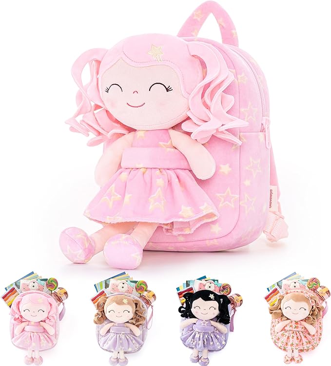 Gloveleya Toddler Backpack Baby Girl Gifts Curly Hair Plush Figures Dress Backpack Kids Backpack Curly Hair Spring Girl - Pink Head Pink Star 9inches