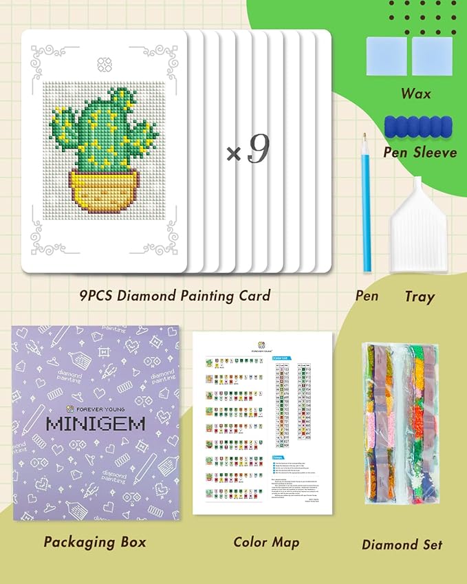 forever young Minigem Diamond Painting Kits Mini Diamond Art Kits, 9Pcs Small Diamond Art Kits for Adults 2-Hour Painting, Postcard-Style Resin Square Drill Diamond Painting Kits 5x7 Inch (Cactus)