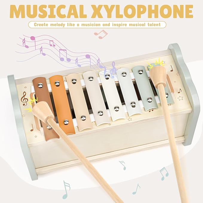 Joyreal Wooden Montessori Toys for 1 Year Old - Hammering Pounding Toy with Xylophone & Fishing Game - Educational Toddler Activities for 1 2 3 Year Old Christmas Birthday Gifts