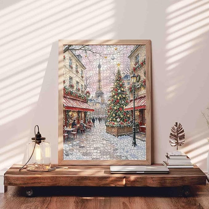 Merry Christmas 1000 Piece Jigsaw Puzzle for Adults America Eiffel Tower Painting Jigsaw Puzzle 1000 Pieces Cafe Puzzles 20''x27”inch Chrsitmas Xmas Trees DIY Puzzle Art Wall Decor Family Challenging