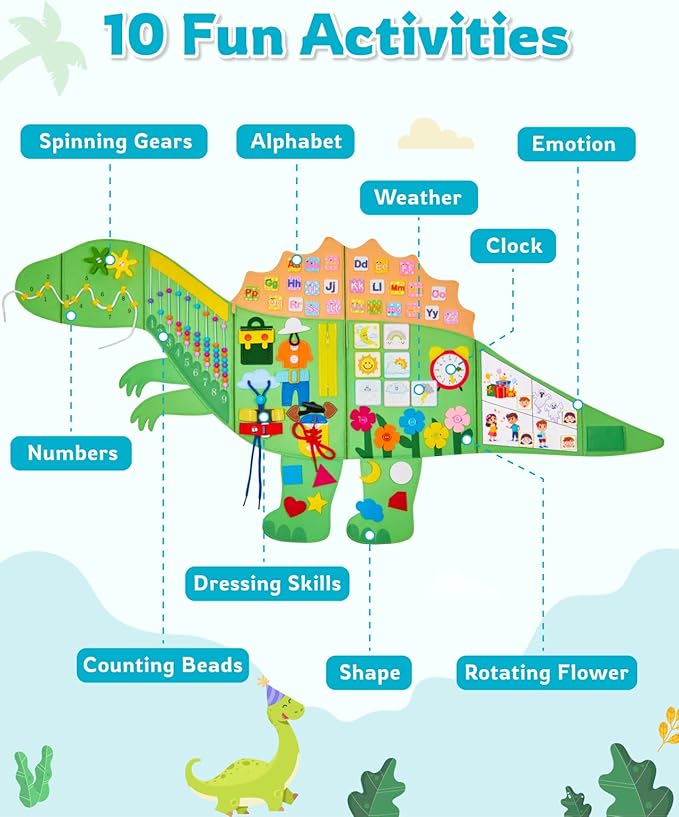 Dinosaur Montessori Busy Board: 10 in1 Sensory Wall Panel for Kids, Toddler Sensory Toys Learning Activity Wall for Playroom, Daycare, Class, Travel, Gifts for 3 4 5 6 Year Old Boys Girls