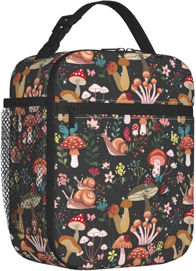 Mushrooms Snails Butterflies Reusable Lunch Box Food Bag Insulated Lunch Bag for Teenage Boys Girls School Beach