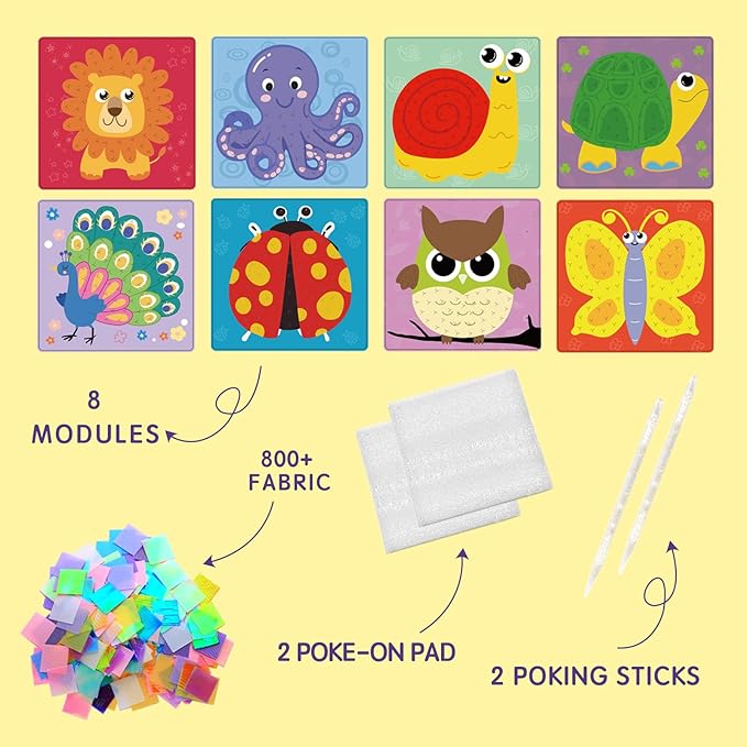 Yrinfay Poke Arts and Crafts kit for Kids, DIY 8 Animals Like Lion, Owl, Peafowl, Ladybug, Mess Free Sewing Art Toys for Girl 6-8 8-12, Gifts for Boys & Girls Ages 6 7 8 9 10 11 12 Years Old