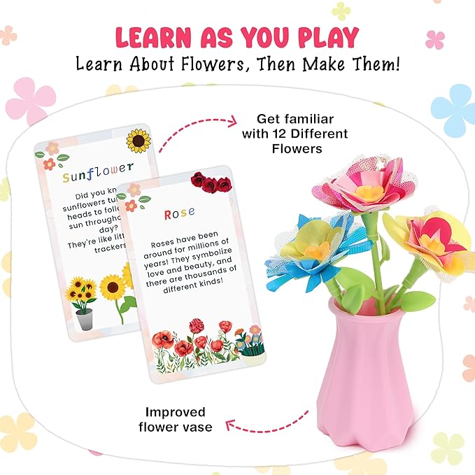 Fabric Flower Bouquets Toys for Girls - DIY Kits for Kids w/ Markers & Challenge Cards - Arts & Crafts for 3 4 5 6 7 8 9 10 Year Old Girl - Educational Toys - Art and Craft Kits for Girls