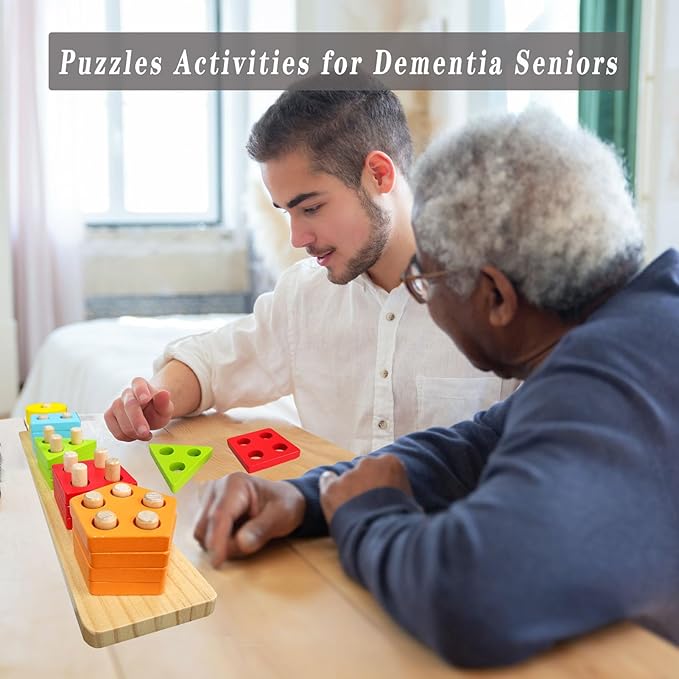 Dementia Activities for Seniors,Geometric,Colors & Numbers Cognitive Products for Alzheimers,Wooden Puzzles Gifts & Cognitive Training Games for Elderly