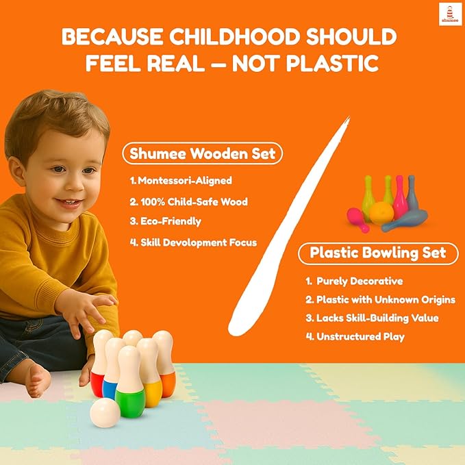 Shumee Montessori Wooden Kids Bowling Set 2+ Years, Eco-Friendly Toddler Bowling Sets with 6 Pins & Ball, Indoor/Outdoor Bowling Set for Kids, Muscle & Brain Development, 100% Child-Safe Toy