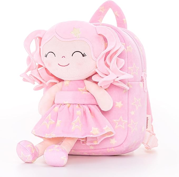 Gloveleya Toddler Backpack Baby Girl Gifts Curly Hair Plush Figures Dress Backpack Kids Backpack Curly Hair Spring Girl - Pink Head Pink Star 9inches