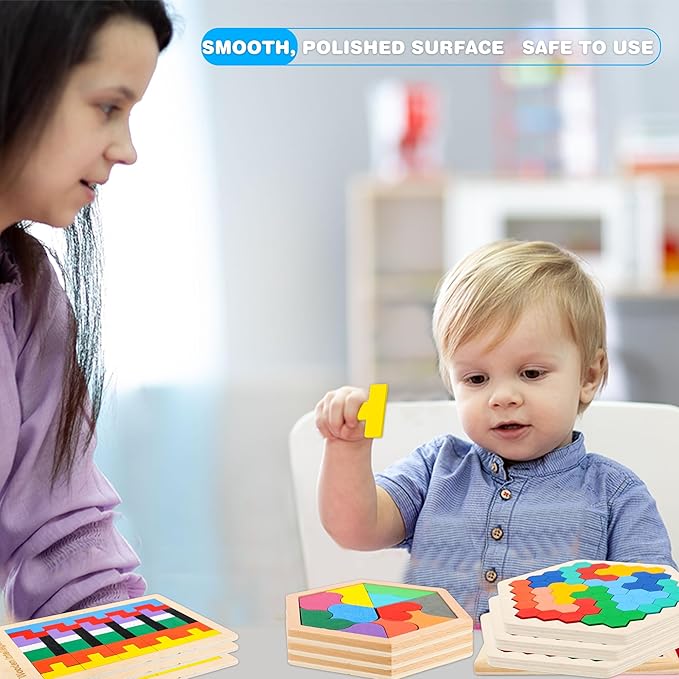 5 Pack Wooden Tangrams Puzzle Set Wooden Hexagon Puzzle Wood Russian Blocks Tangram Puzzle Brain Teaser Puzzles for Kids Adults 3D Logic Intelligence IQ Game Gift