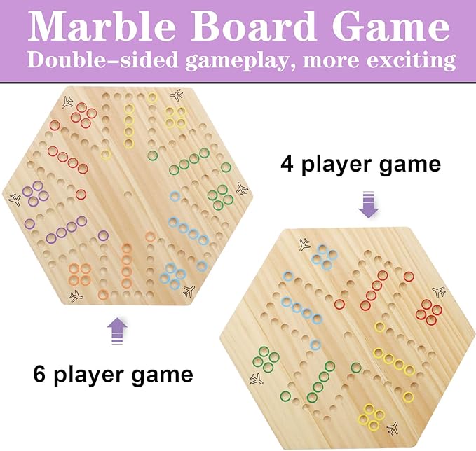 HOROW Wahoo Board Game Wooden Original Board Game Classic 2 Side Painted Fast Track Game for 4 Player and 6 Player with 30 Marbles,6 Dices for Family Game Night(6large,Log)